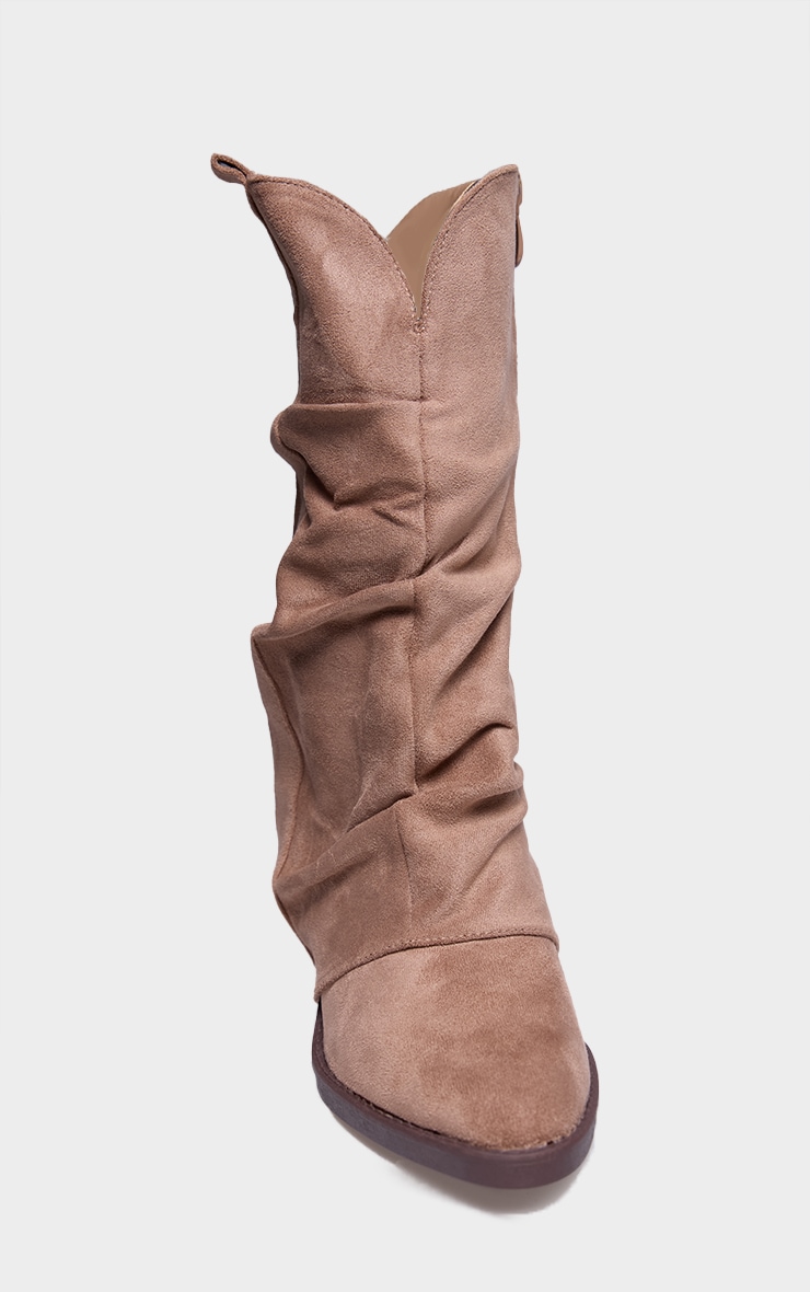 Brown Faux Suede Point Toe Slouchy Fold Over Calf High Western Boots image 4