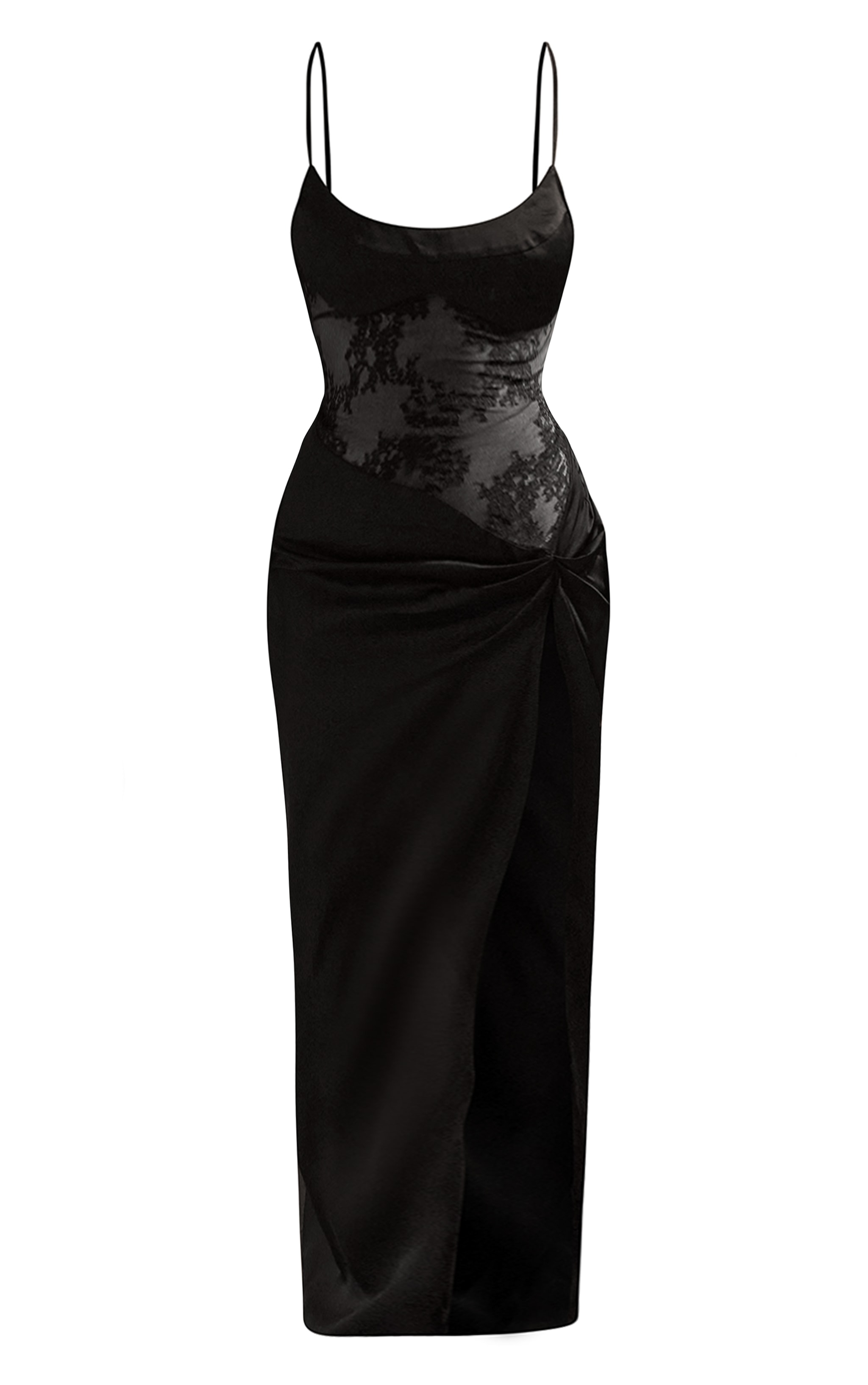 PLT Label Robe longue satinée noire à bretelles fines et partie en dentelle image 5