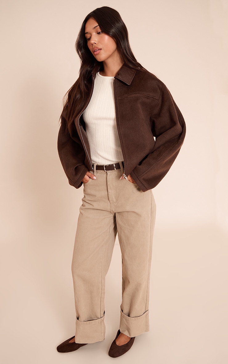 Chocoalate PU Collar Zip Up Jacket image 3