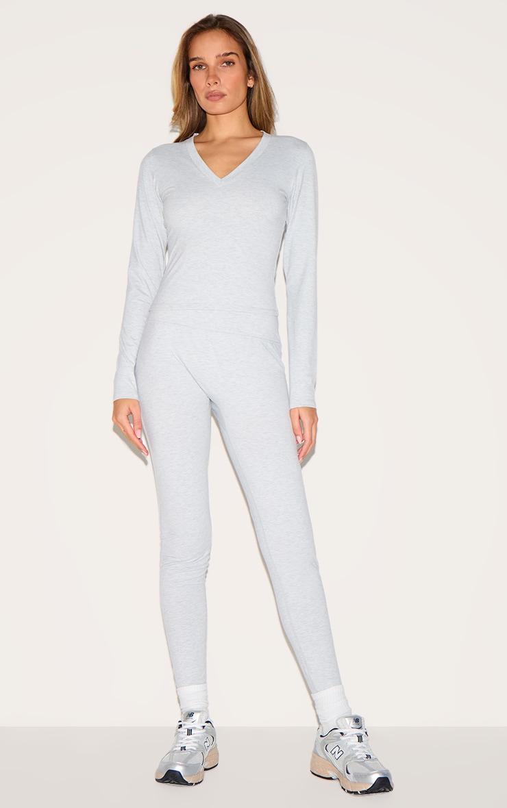 Ash Grey Sculpt V Neck Long Sleeve Top image 3