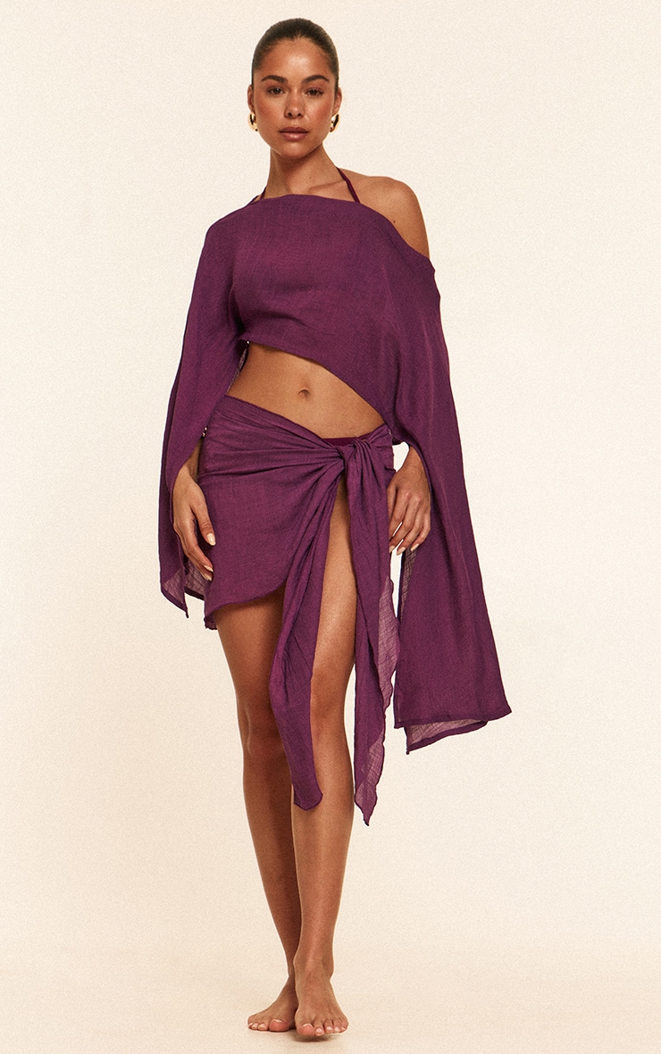 Purple Linen Look Drape Shoulder Top image 3
