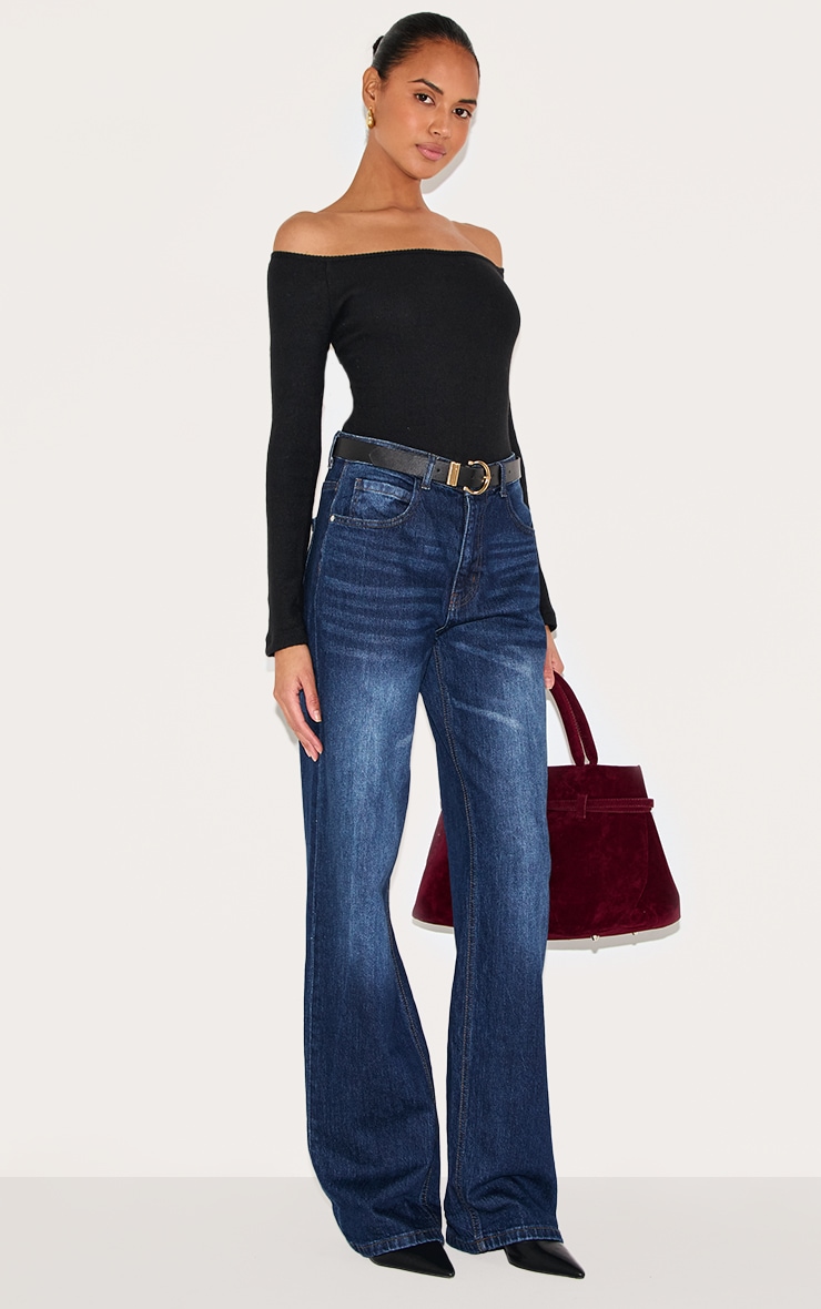 Black Brushed Rib Bardot Long Sleeve Bodysuit image 3