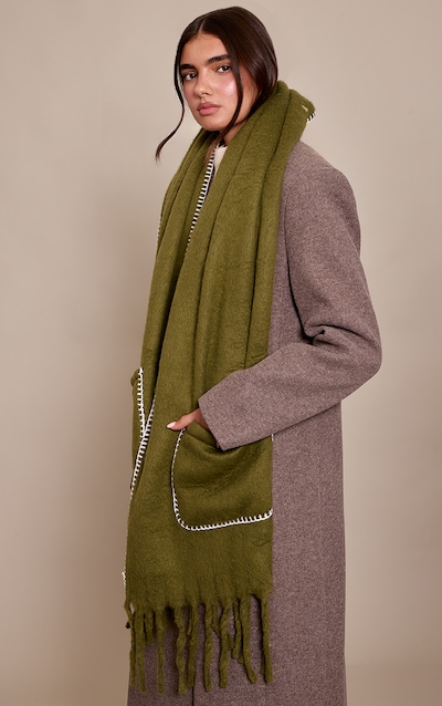 Olive Knit Contrast Pocketed Scarf