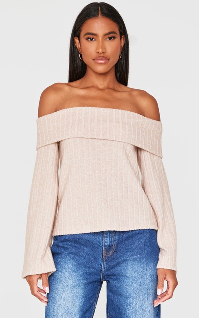 Cream Brushed Rib Fold Over Bardot Long Top