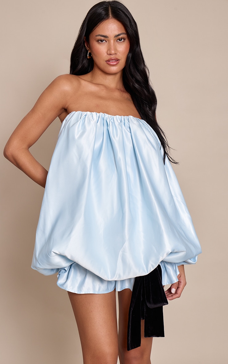 Baby Blue Velvet Bow Detail Puffball Dress image 3
