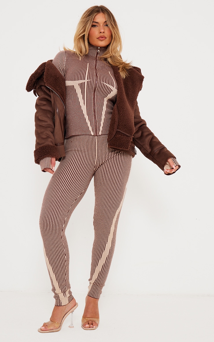  Chocolate Two Tone High Neck Zip Up Knit Cardigan image 3