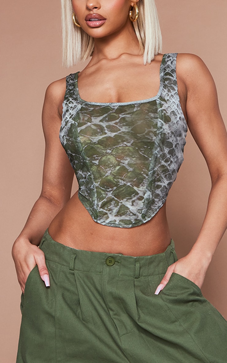 Green Printed Mesh Boned Corset image 4
