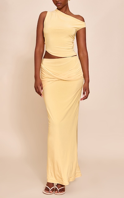 Butter Yellow Double Layered Slinky Twist Drape Maxi Skirt