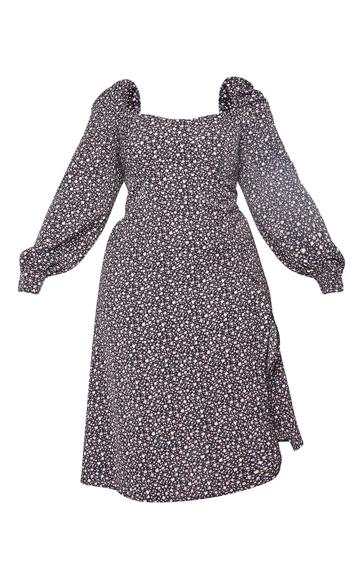 Plus Black Ditsy Floral Puff Sleeve Midi Dress image 1