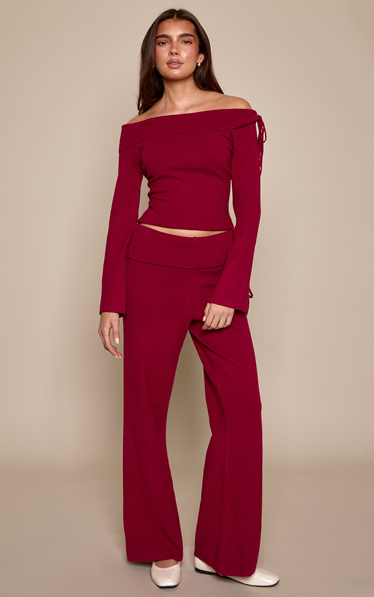 Cherry Foldover Tie Side Knitted Wide Leg Pant  image 3