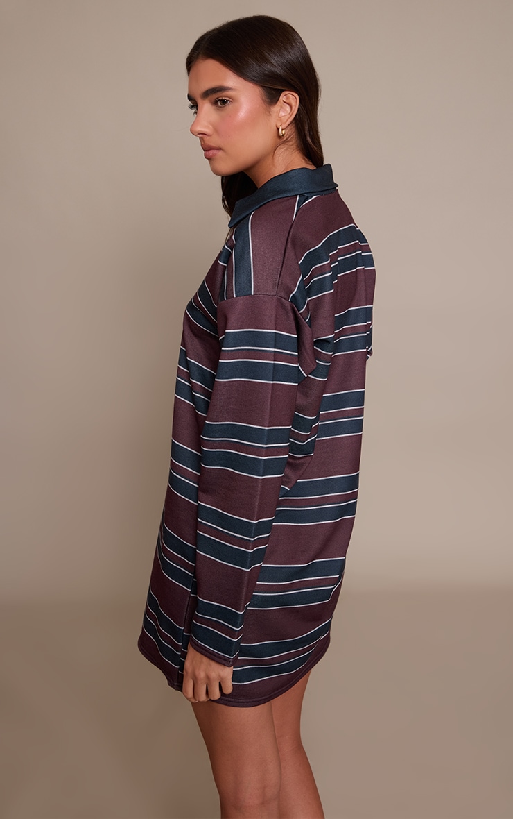 Robe droite bordeaux rayée contrastée à col replié et manches longues image 2