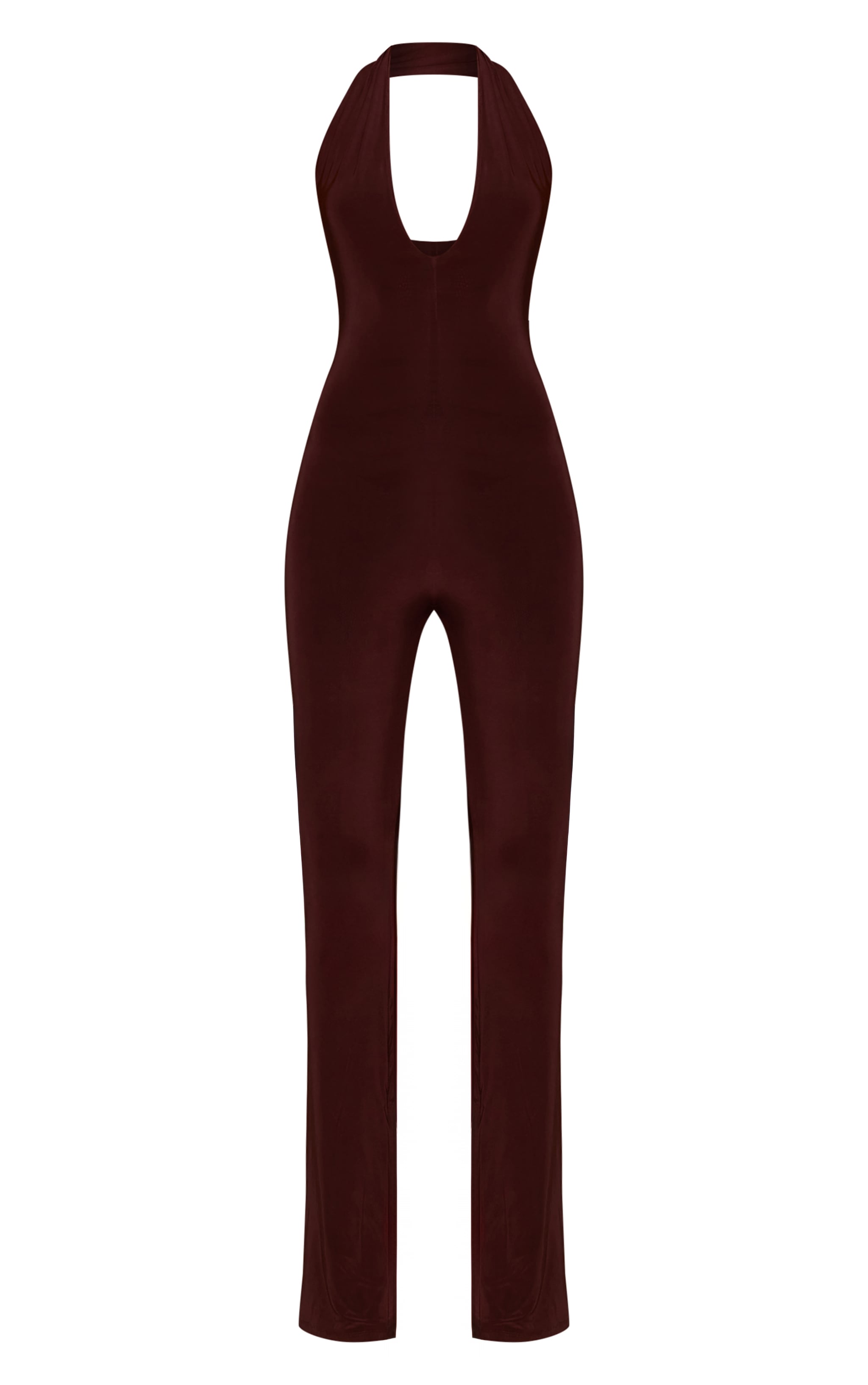 Chocolate Double Layer Slinky Halter Neck Plunge Jumpsuit image 5