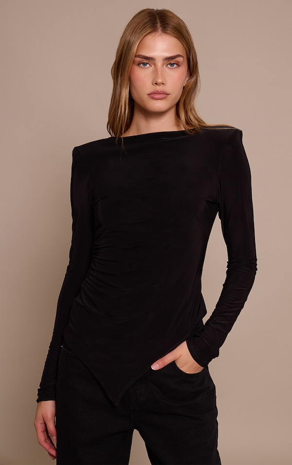 Black Double Layer Slinky Shoulder Pad Asymmetric Top 