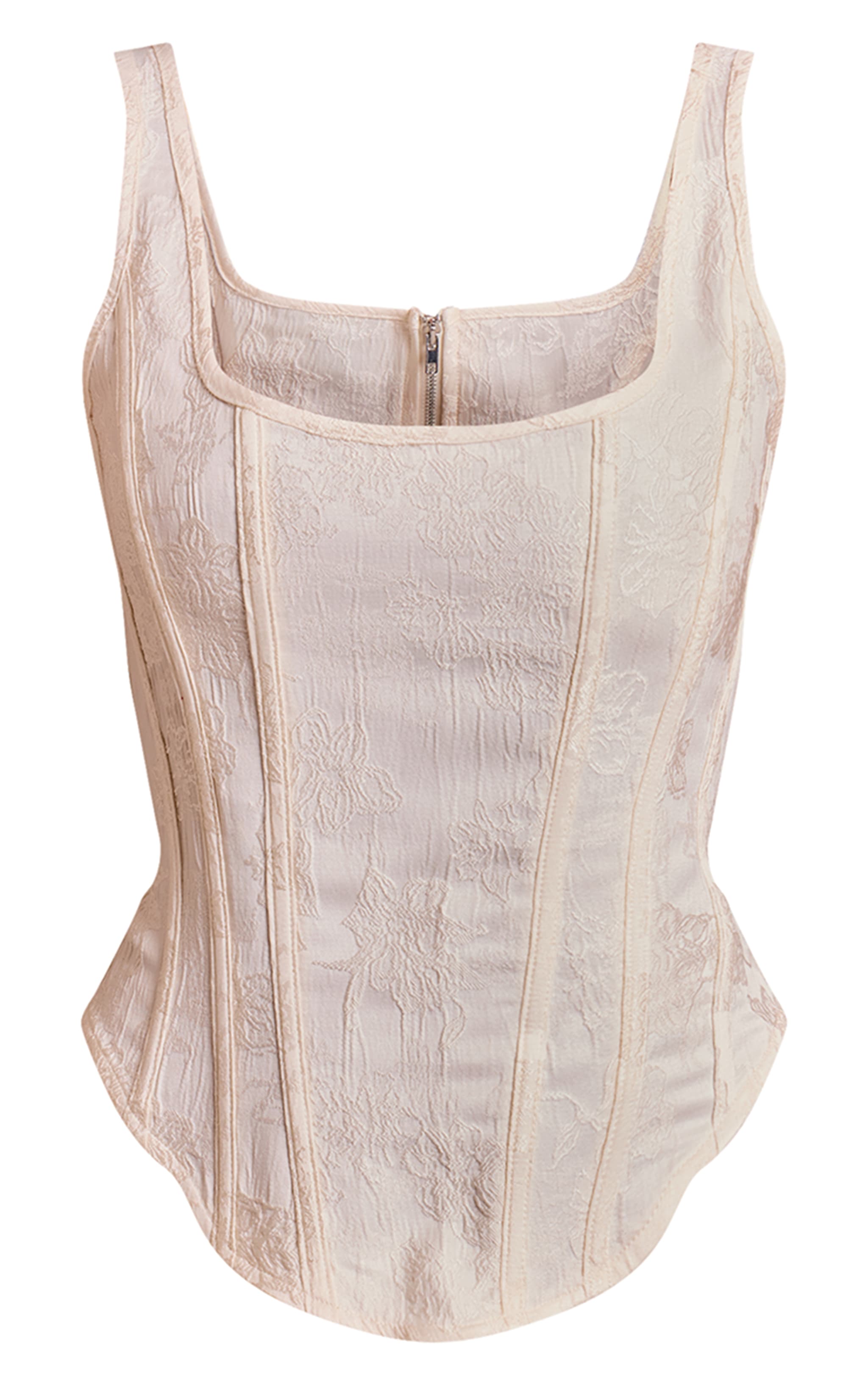 Corset long texturé à baleines en matière satinée crème à ourlet plongeant image 5