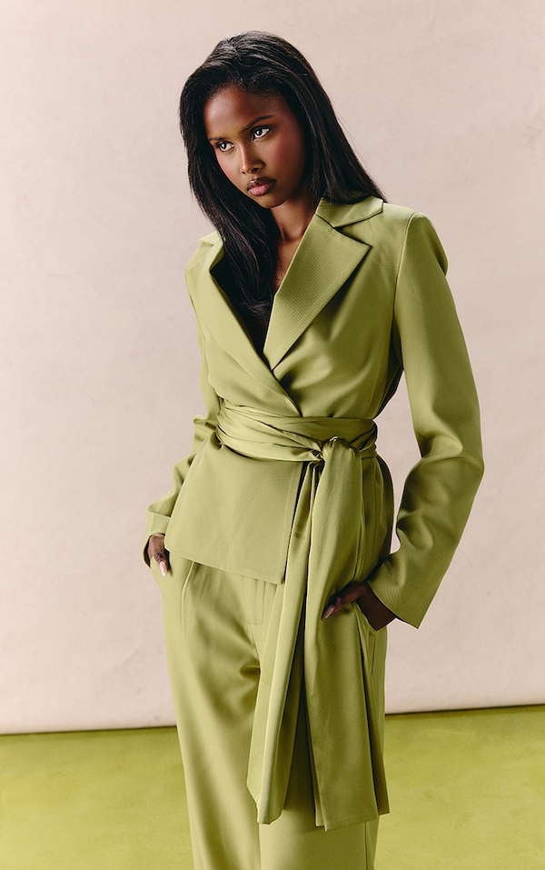 Apple Green Woven Oversized Satin Belted Blazer