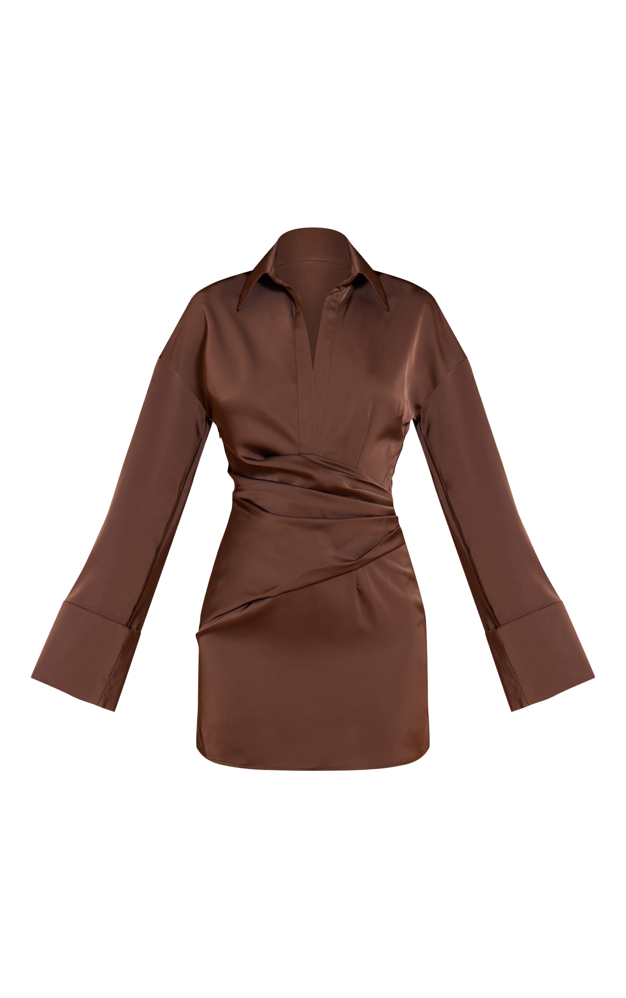 Chocolate Brown Premium Satin Bell Sleeve Shirt Dress image 5