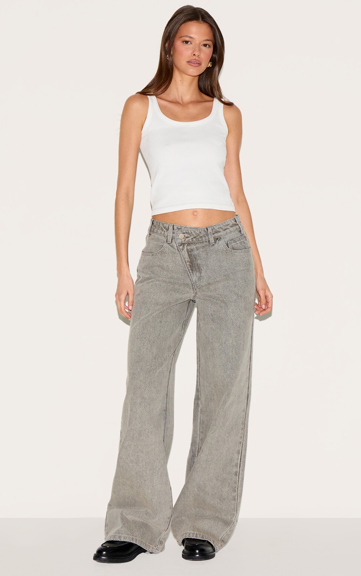Grey Asymmetrical Waistband Wide Leg Jeans image 2