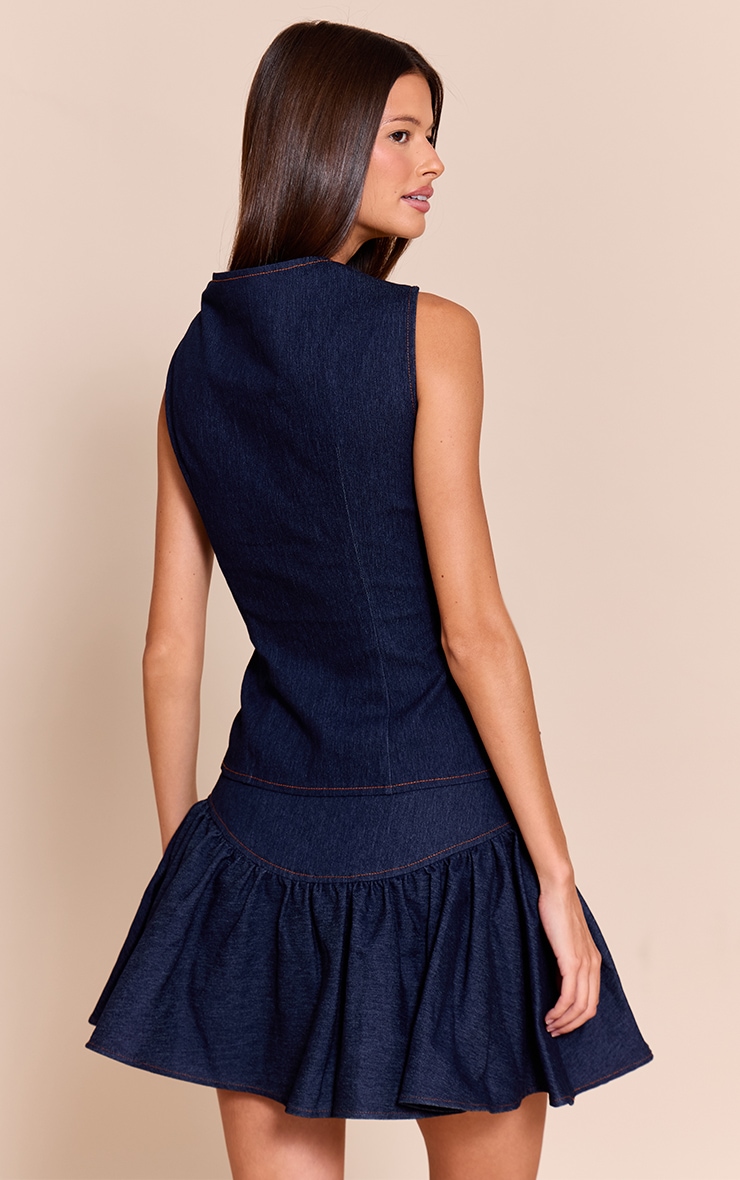 Indigo Blue Chambray Denim Pleated Mini Skirt image 3