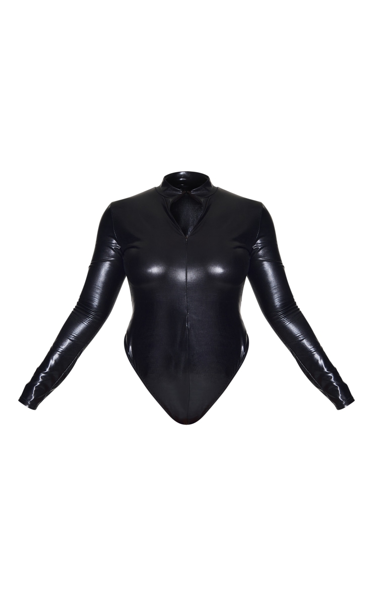 Plus Black Zip Up Wet Look Bodysuit image 5