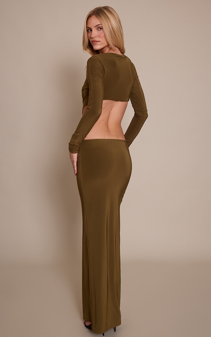 Khaki Double Layer Slinky Long Sleeve Trim Detail Maxi Dress image 2