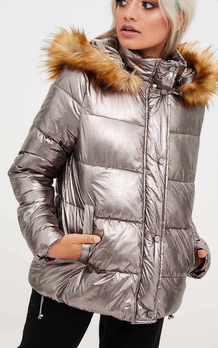 Gunmetal Foil Puffer Jacket With Faux Fur Hood PrettyLittleThing