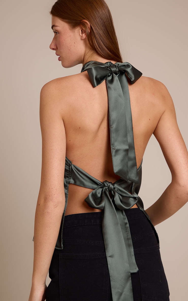 Dark Khaki Satin Halterneck Tie Back Top image 4