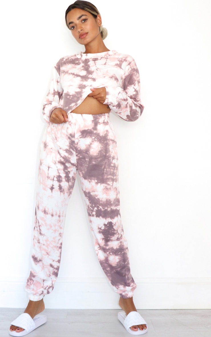 Petite Purple Tie Dye Cropped Sweat and Jogger Set image 1