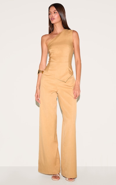 Sand Woven One Shoulder Wide Leg Jumpsuit