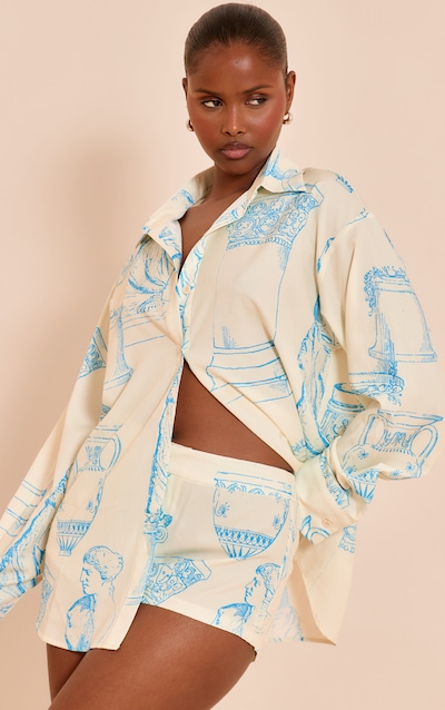 Butter Cream Abstract Print Woven Oversized Shirt