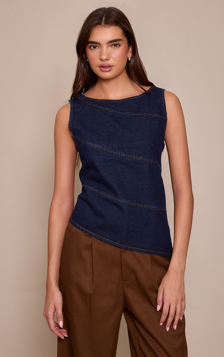 Indigo Asym Seam Detail Sleevless Denim Top image 1