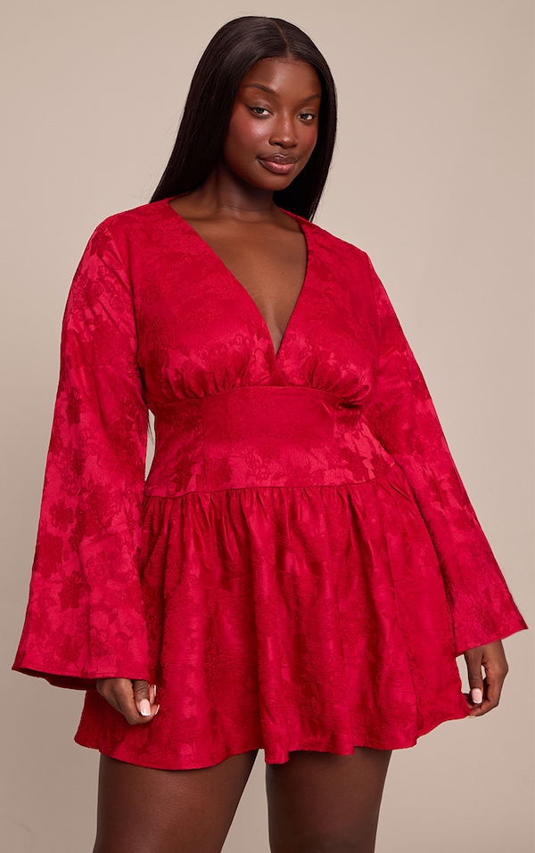 Plus Red Floral Jacquard Flute Sleeve Mini Dress