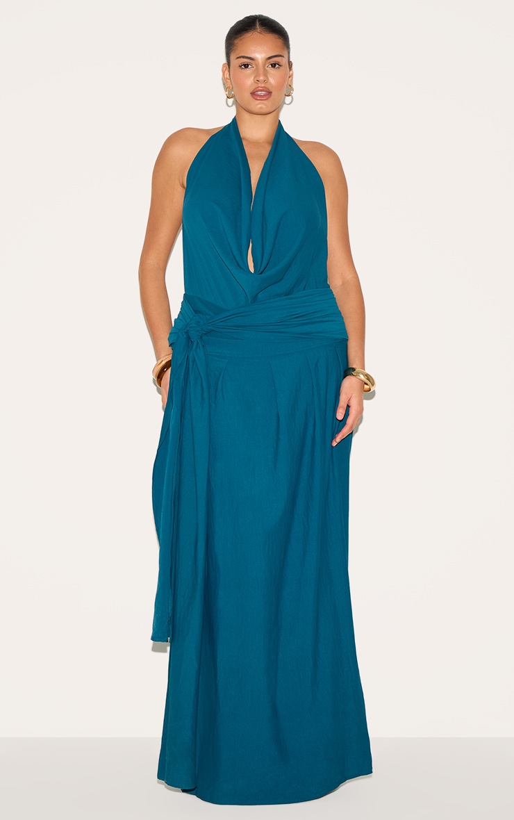 Plus Teal Floaty Woven Cowl Neck Low Back Maxi Dress image 1