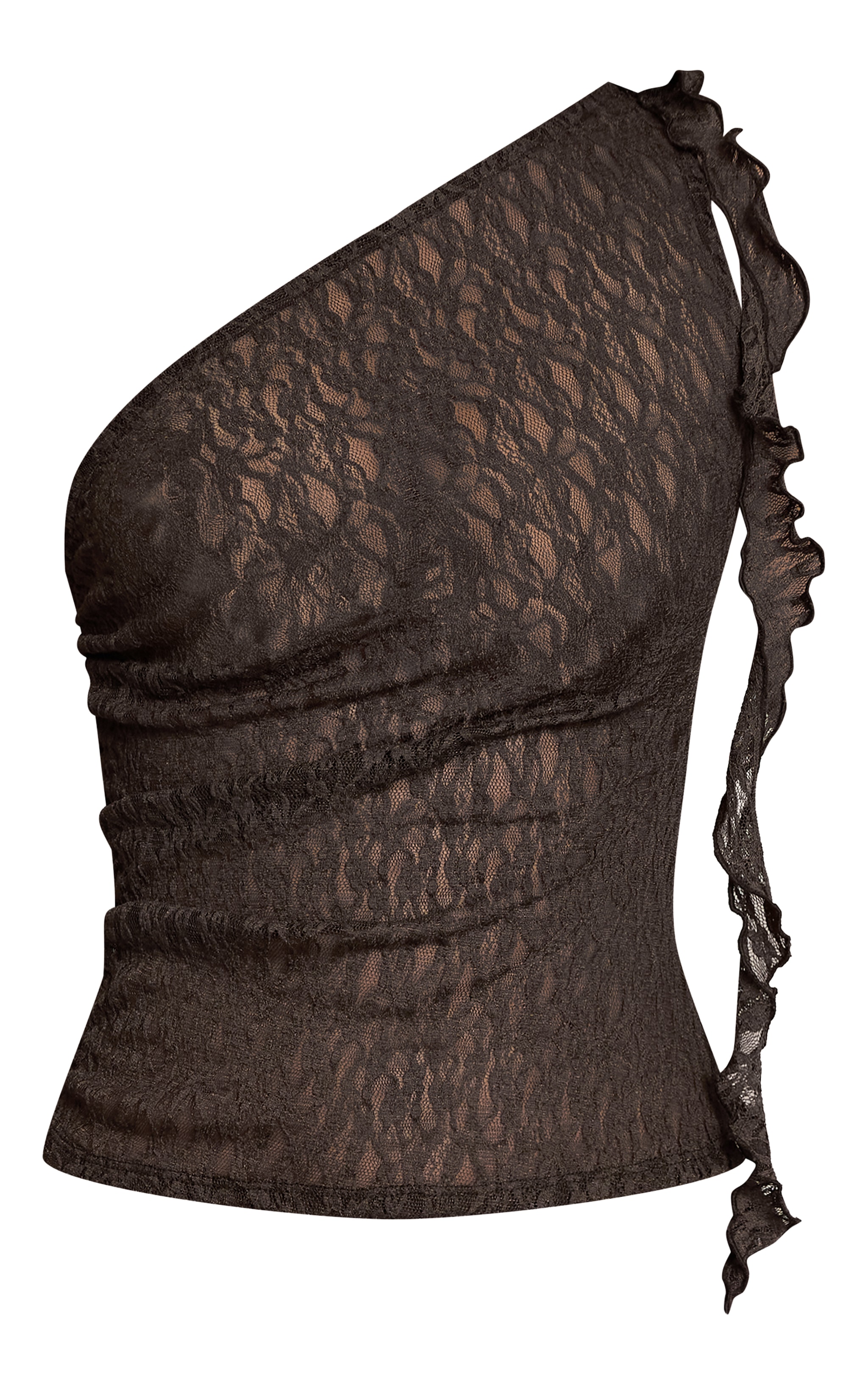 Chocolate Textured Lace Frill Drape Detail Asymmetric  Top image 5