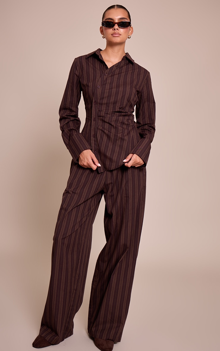 Dark Brown Woven Pinstriped Asymmetrical Shirt image 3