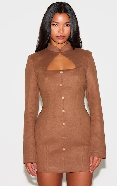Deep Taupe Brushed Woven Long Sleeve Button Detail Mini Dress