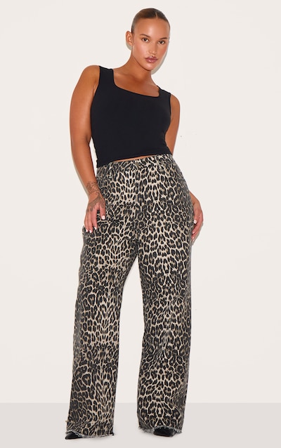 Plus Brown Leopard Print Denim Wide Leg Denim Jean