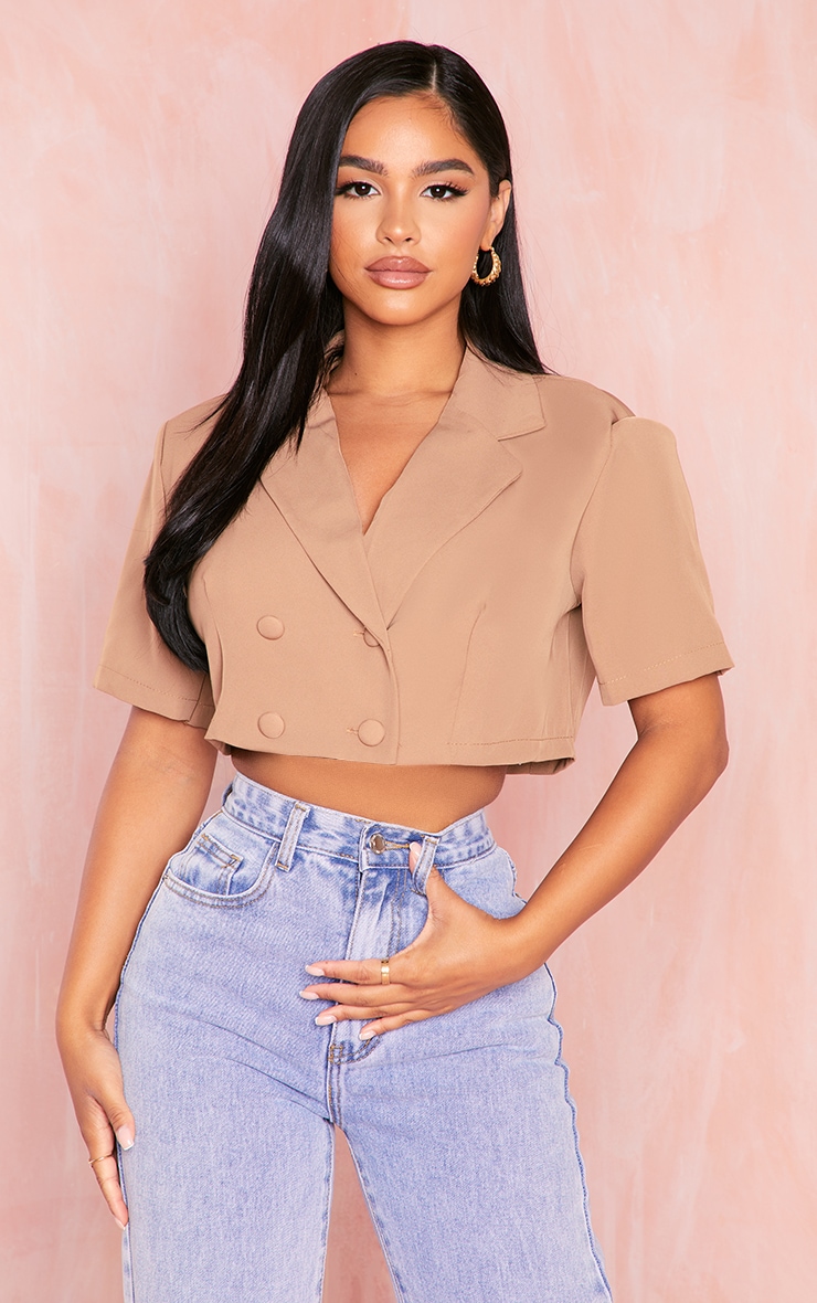 Petite Mocha Cropped Button Blazer