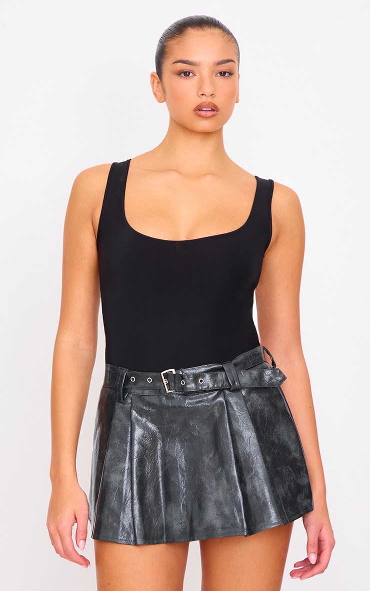 Charcoal Grey Washed Faux Leather Belted Pleated Micro Mini Skirt image 4