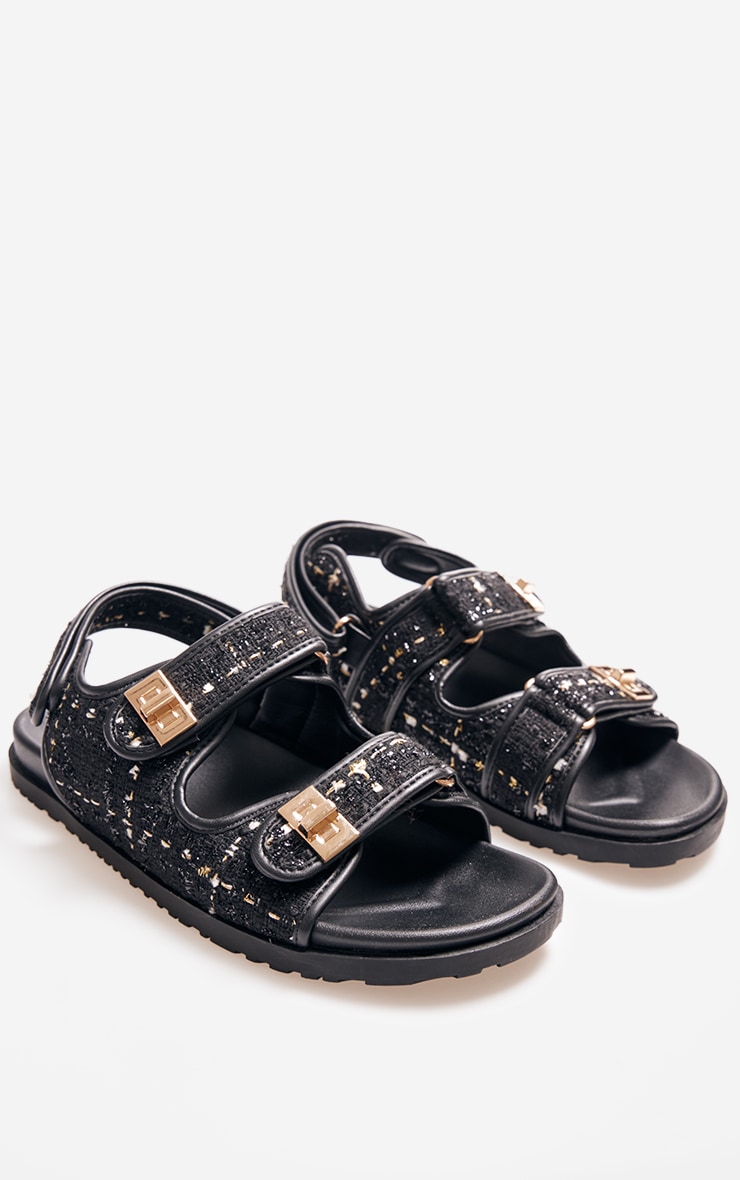 Black Textured Round Toe Buckled Sling Back Footbed Sandals image 2