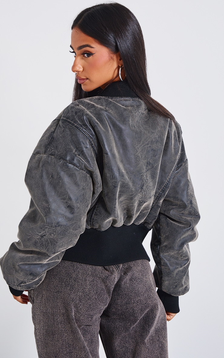 Petite Washed Black Pocket Detail Bomber Jacket image 2