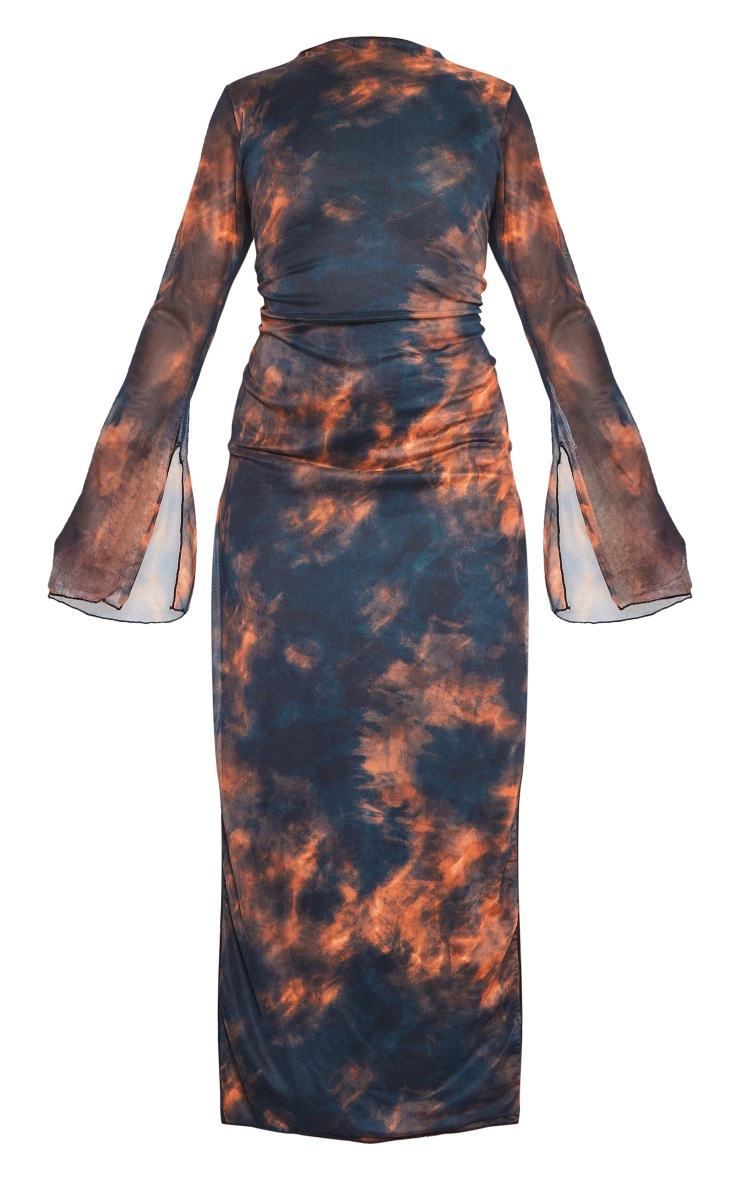 Black Abstract Print Mesh Flared Sleeve Midaxi Dress image 5