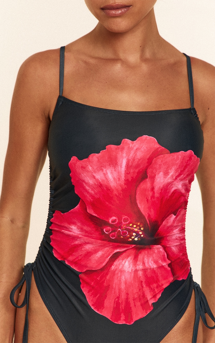 Black Hibiscus Print Strappy Swimsuit image 4