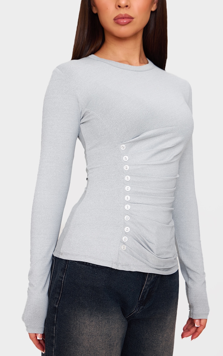 Petite Grey Marl Long Sleeve Button Detail Top image 4