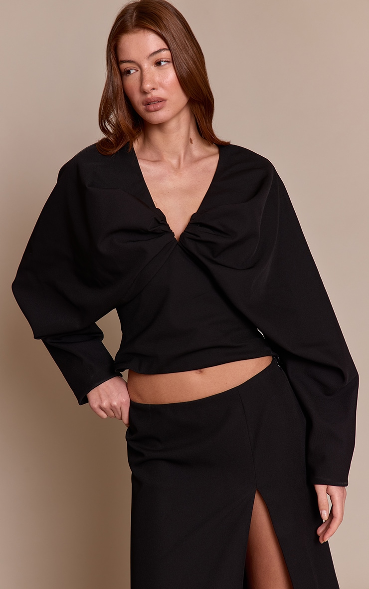 Black Woven Ruched Plunge Long Sleeve Long Top