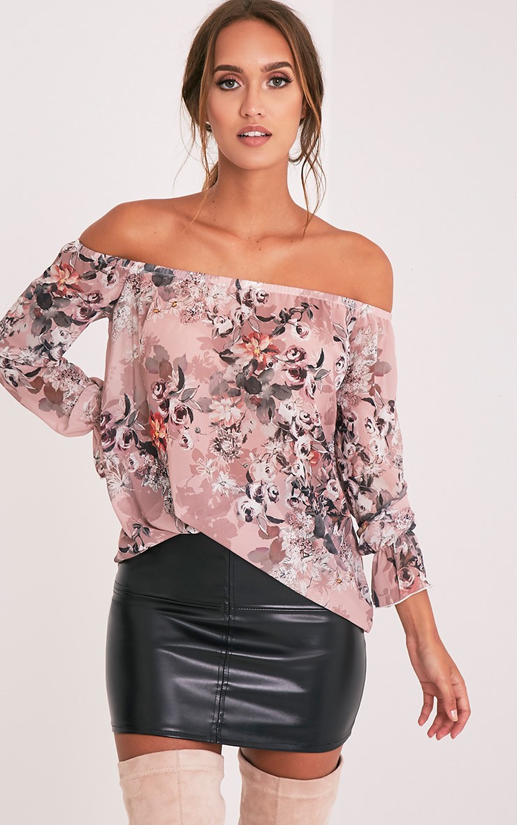 Graciel Pink Floral Bardot Top Tops PrettylittleThing