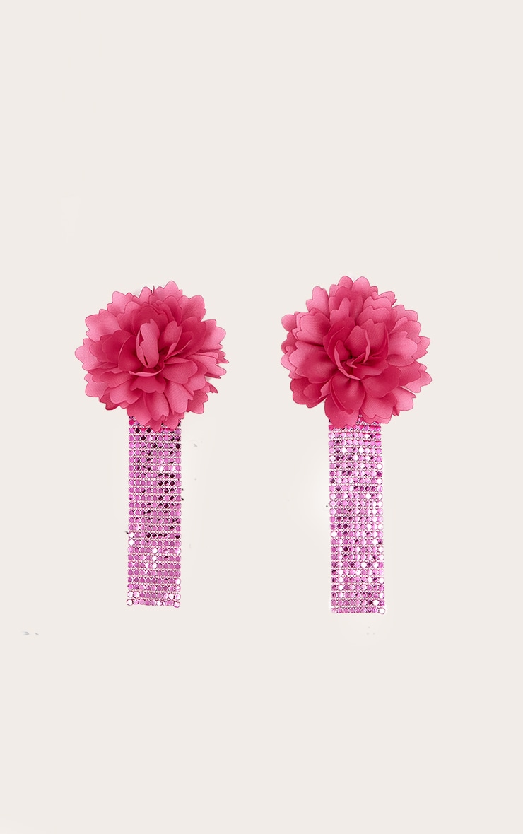 Pink Large Floral Chain Tassel Statement Earrings image 2
