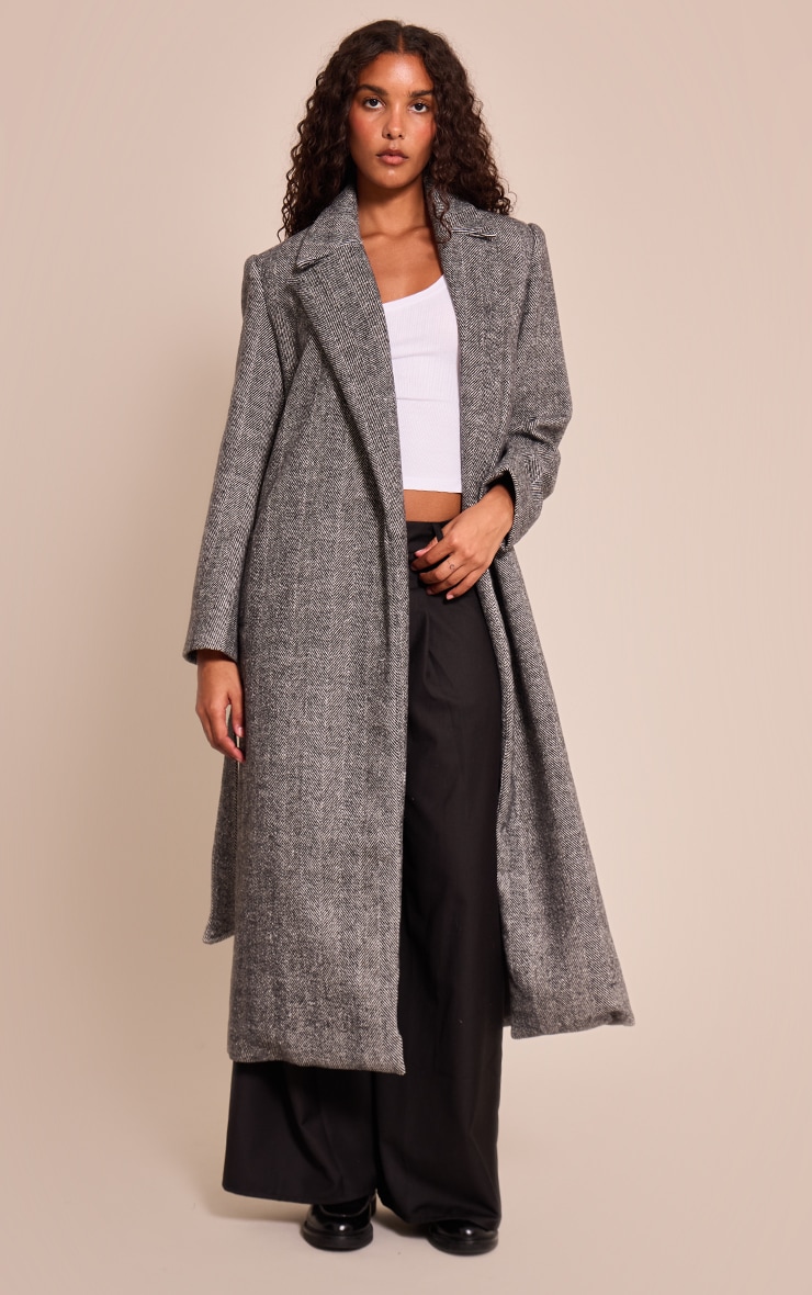 Black Herringbone Tie Waist Maxi Coat image 3
