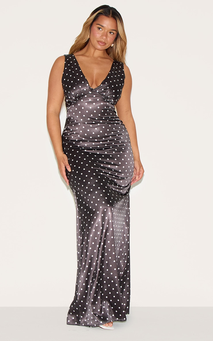 Shape Chocolate Satin Polka Dot Plunge Front Maxi Dress image 1