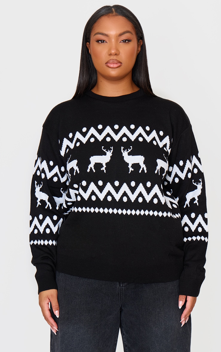 Plus Black Oversized Fairisle Panel Christmas Jumper image 1