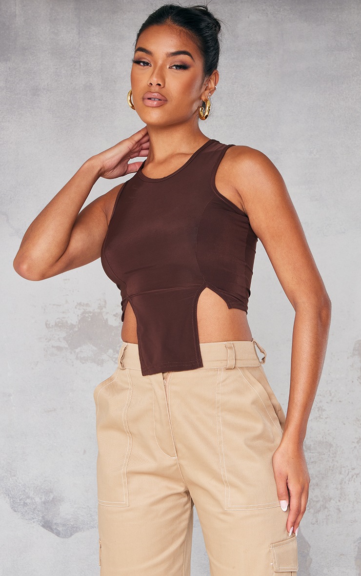 Chocolate Slinky Racer Dip Hem Crop Top